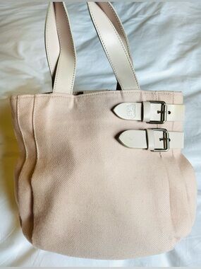 Pringle Pale Pink Wool Kilt Bag with Buckle Straps and leather detailing.